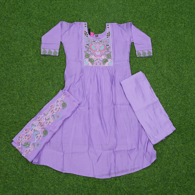 Lavender Color Embroidered Cotton Anarkali 3-Piece Designer Dress
