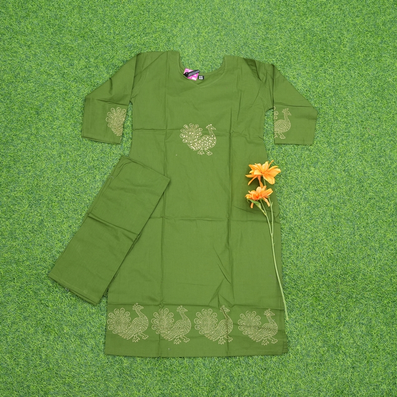 Green Color Peacock Embroidered 2-Piece Cotton Designer Dress