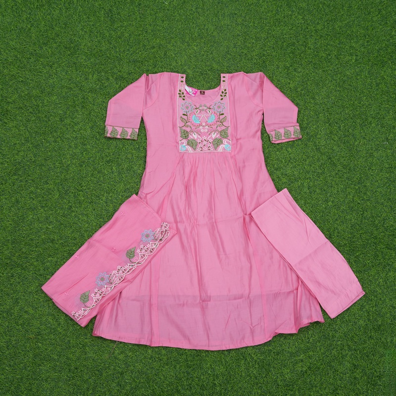Peach Color Embroidered Cotton Anarkali 3-Piece Designer Dress