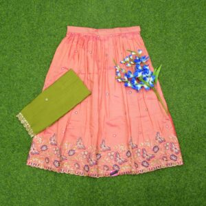 Peach and Olive Green Color With Floral Thread Work Embroidered Half Saree