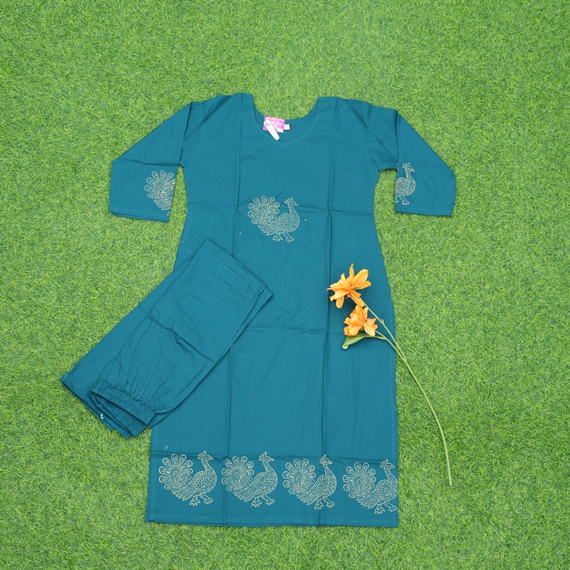 Teal Blue Color Peacock Embroidered 2-Piece Cotton Designer Dress