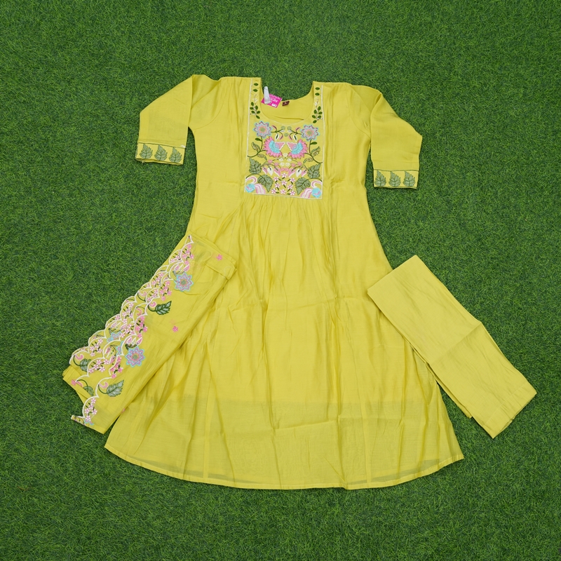 Yellow Color Embroidered Cotton Anarkali 3-Piece Designer Dress