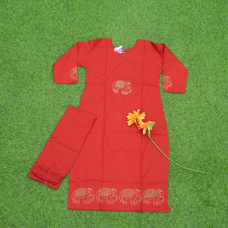 Red Color Elephant Embroidered 2-Piece Cotton Designer Dress