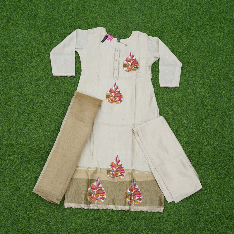 Cream Color Leaf Motif Applique Embroidered 3-Piece Designer Dress