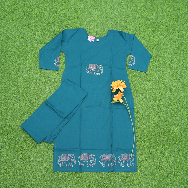 Teal Blue Color Elephant Embroidered 2-Piece Cotton Designer Dress