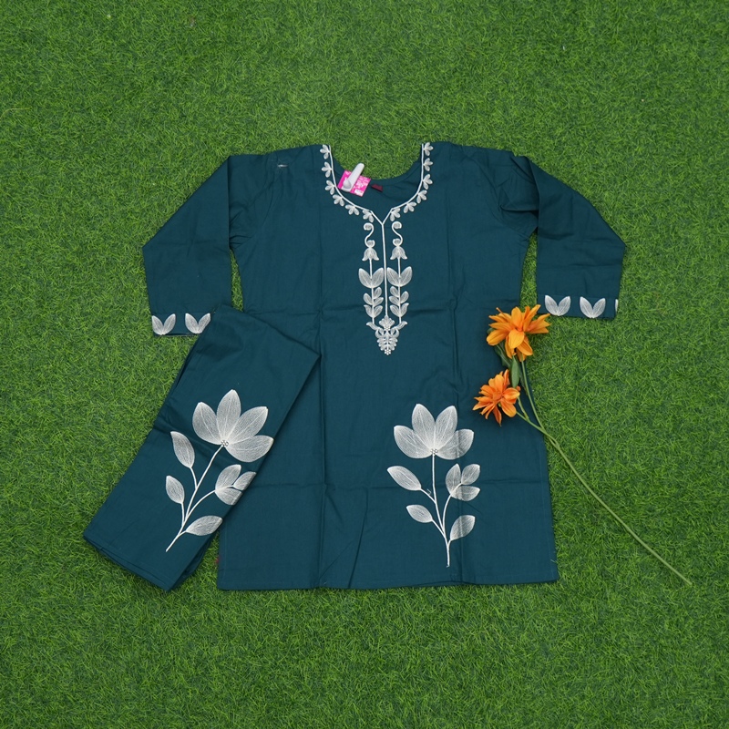 Bottle Green Color Floral Thread Embroidered 2-Piece Designer Dress