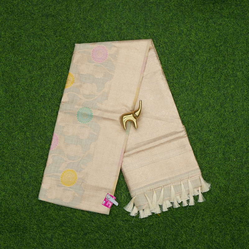 Silver-White Color Meenakari Floral Motifs Gold Zari Border Banarasi Fancy Saree