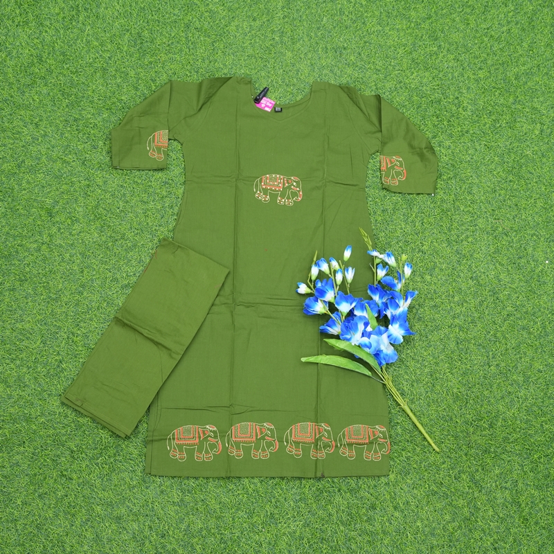 Green Color Elephant Embroidered 2-Piece Cotton Designer Dress