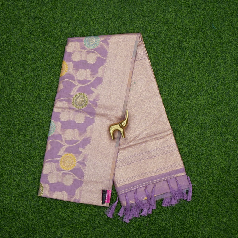 Lavender Color Meenakari Floral Motifs Gold Zari Border Banarasi Fancy Saree