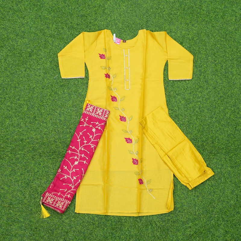 Yellow and Rani Pink Color Leaf Embroidered 3-Piece Designer Dress