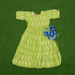 Parrot Green Color Geometric Ikat Print Tiered Long Frock