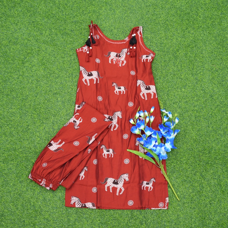 Rust Red Color Horse Block Print 2-Piece Cotton Dress
