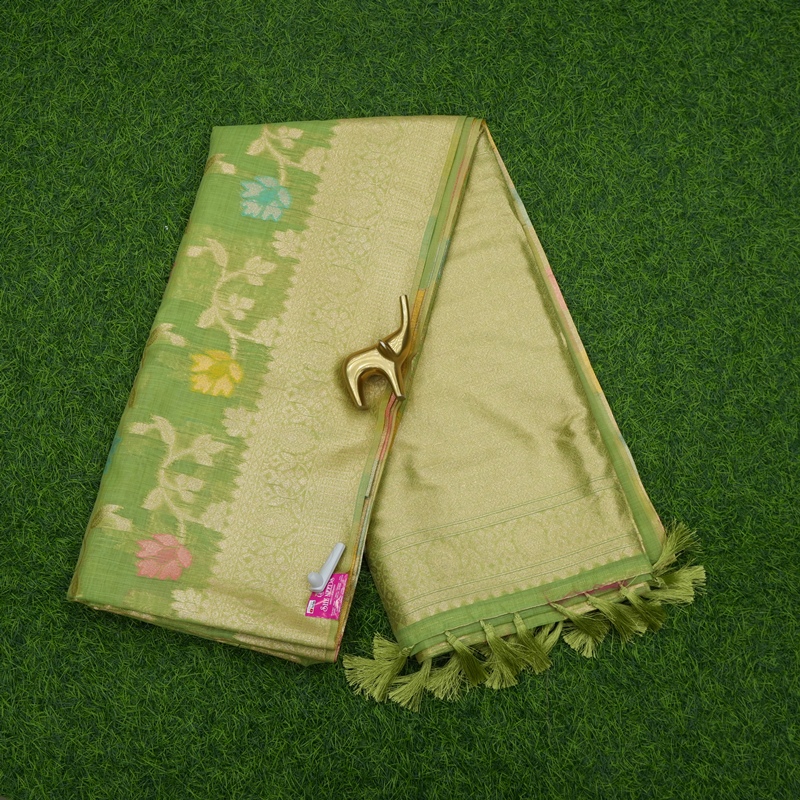 Pista Green Color Meenakari Floral Motifs Gold Zari Border Banarasi Fancy Saree