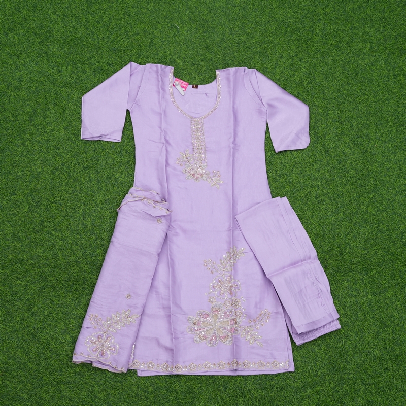 Lavender Color Sequin and Thread Embroidered 3-Piece Designer Dress