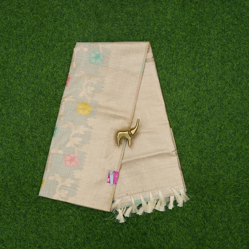 Cream Color Meenakari Floral Motifs Gold Zari Border Banarasi Fancy Saree