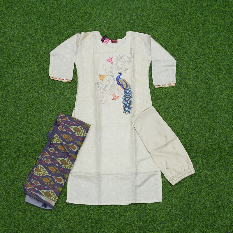 Cream Color Peacock Motif Embroidered 3-Piece Designer Dress