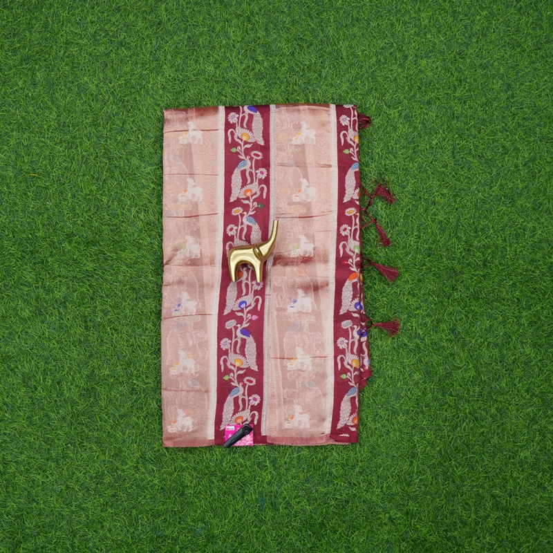 Maroon and Rose Beige Color Printed Paithani Cotton Silk Fancy Saree