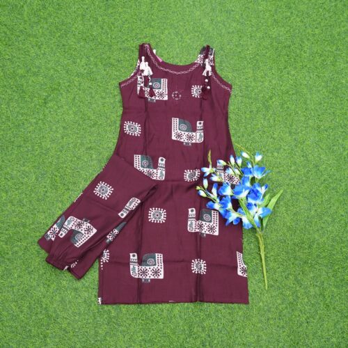 Maroon Color Geometric Motifs Print 2-Piece Cotton Dress