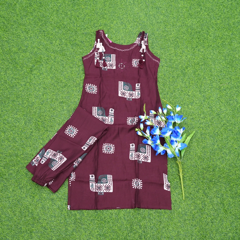 Maroon Color Geometric Motifs Print 2-Piece Cotton Dress