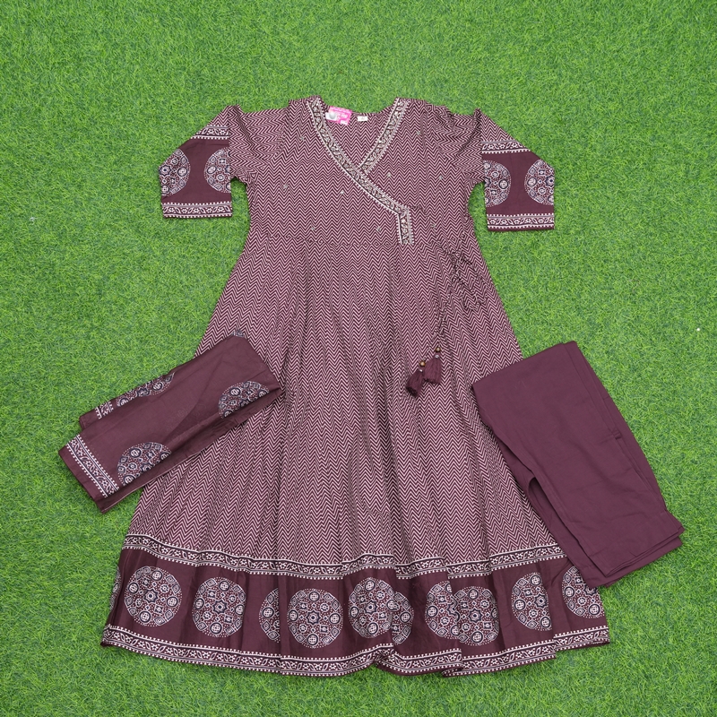 Wine Color Geometric Print Anarkali 3-Piece Cotton Designer Dress