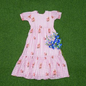 Baby Pink Color Checks Floral Printed Designer Long Frock