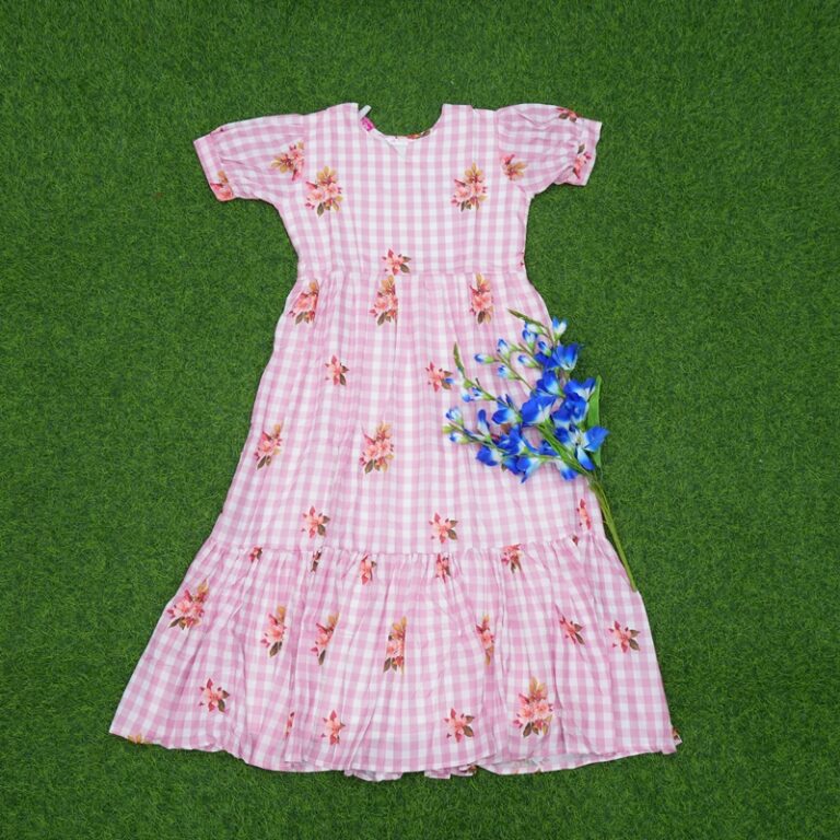 Baby Pink Color Checks Floral Printed Designer Long Frock