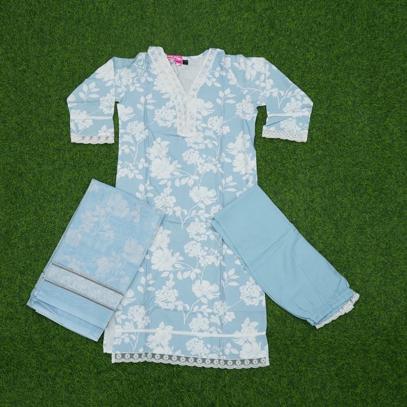 Sky Blue Color With White Floral Leaf Print 3-Piece Designer Dress
