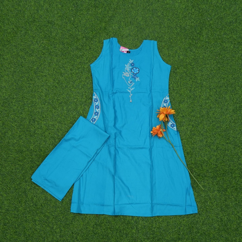 Turquoise Color Thread Embroidered 2-Piece Designer Dress