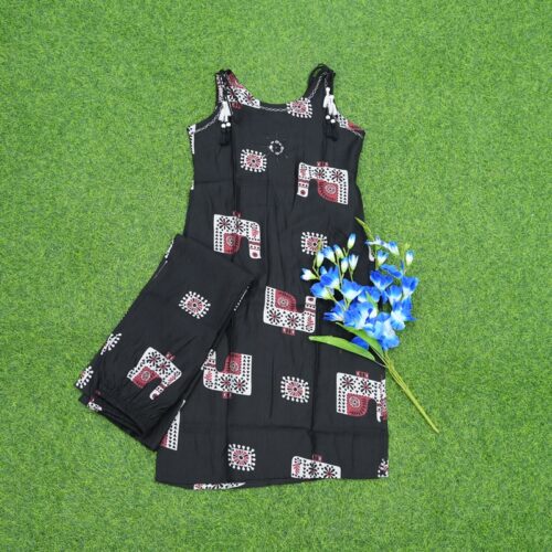 Black Color Geometric Motifs Print 2-Piece Cotton Dress