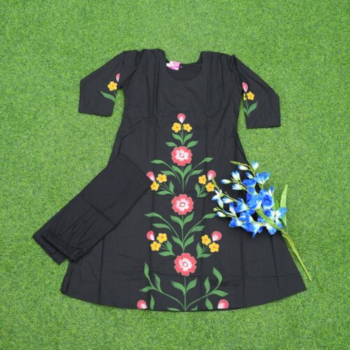 Black Color Floral Print  2-Piece Cotton Designer Dress