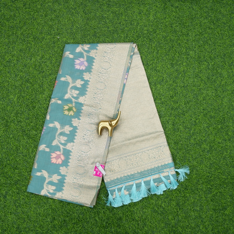 Sea Green Color Meenakari Floral Motifs Gold Zari Border Banarasi Fancy Saree