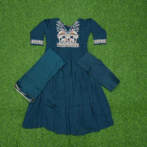 Teal Blue Color 3-Piece Traditional Embroidered Anarkali Designer Dress