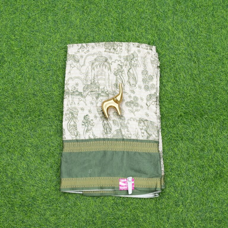 Cream and Olive Green Color Kalamkari Printed Daily Wear Saree