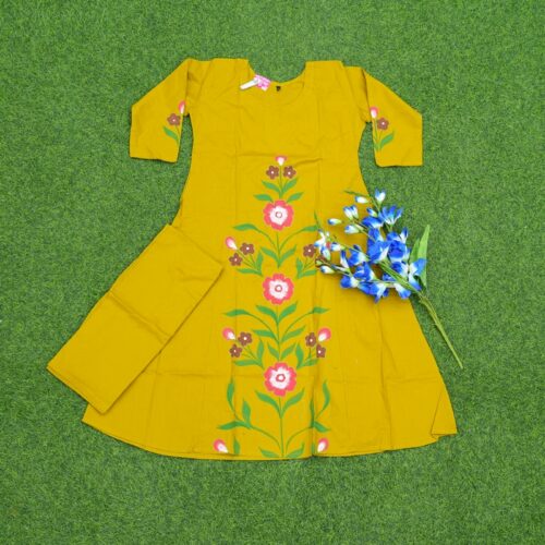 Yellow Color Floral Print  2-Piece Cotton Designer Dress
