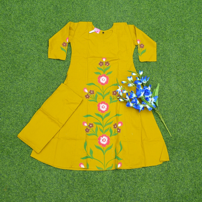 Yellow Color Floral Print 2-Piece Cotton Designer Dress