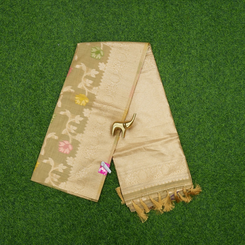 Golden Beige Color Meenakari Floral Motifs Gold Zari Border Banarasi Fancy Saree