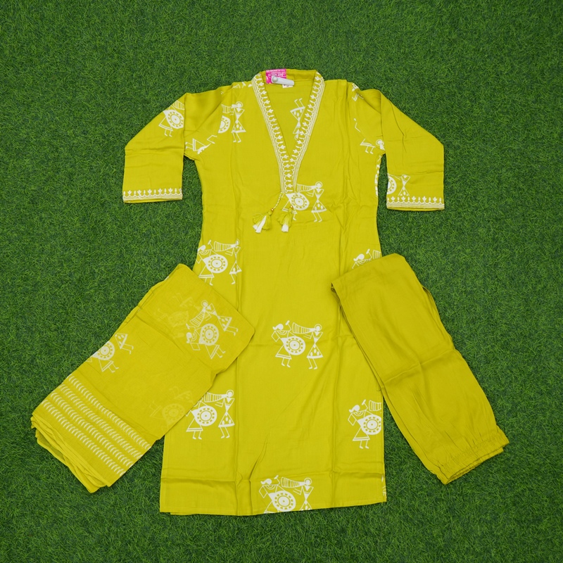 Mustard Yellow Color Warli Printed 3-Piece Cotton Designer Dress
