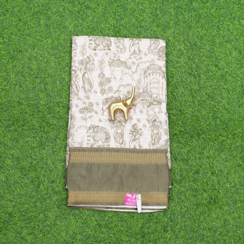 Cream and Khaki Brown Color Kalamkari Printed Daily Wear Saree