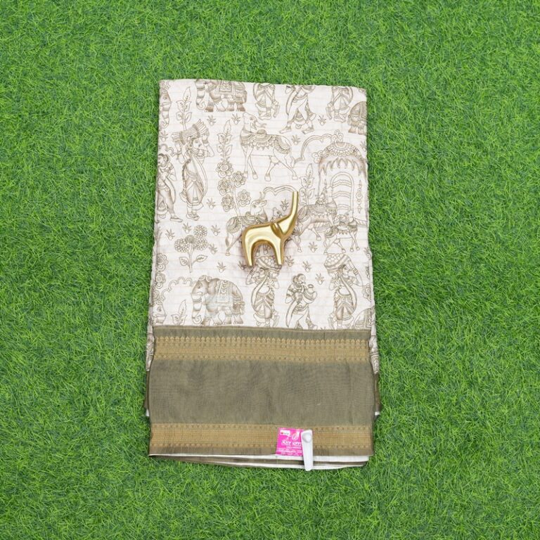 Cream and Khaki Brown Color Kalamkari Printed Daily Wear Saree