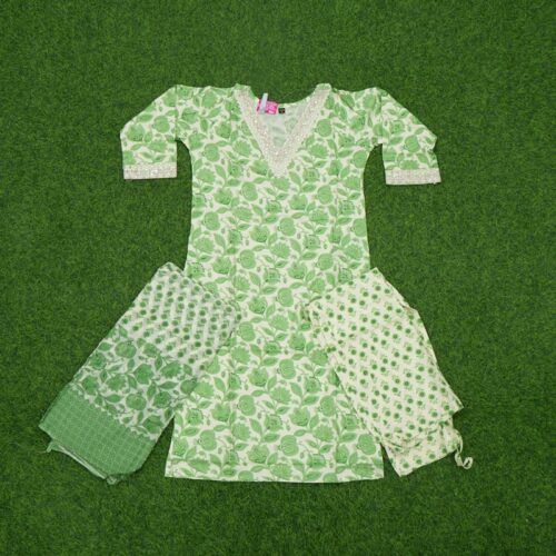 Green and Cream Color Floral Printed 3-Piece Cotton Designer Dress