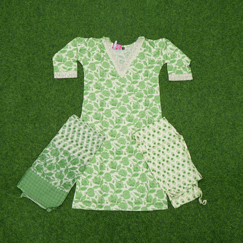 Green and Cream Color Floral Printed 3-Piece Cotton Designer Dress
