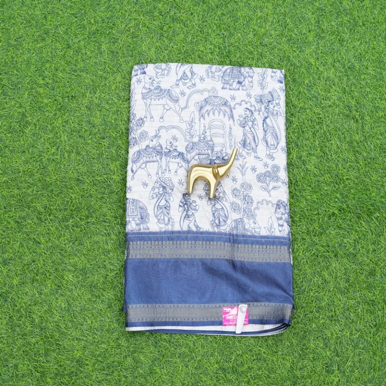 Cream and Indigo Blue Color Kalamkari Printed Daily Wear Saree
