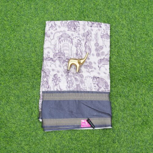 Cream and Charcoal Grey Color Kalamkari Printed Daily Wear Saree