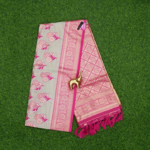 Cream and Pink Color Floral Print Banarasi Fancy Silk Saree