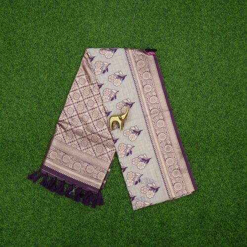 Cream and Wine Color Floral Print Banarasi Fancy Silk Saree