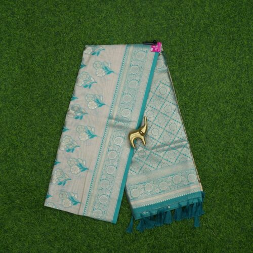 Cream and Turquoise Blue Color Floral Print Banarasi Fancy Silk Saree