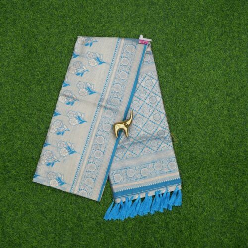 Cream and Sky Blue Color Floral Print Banarasi Fancy Silk Saree