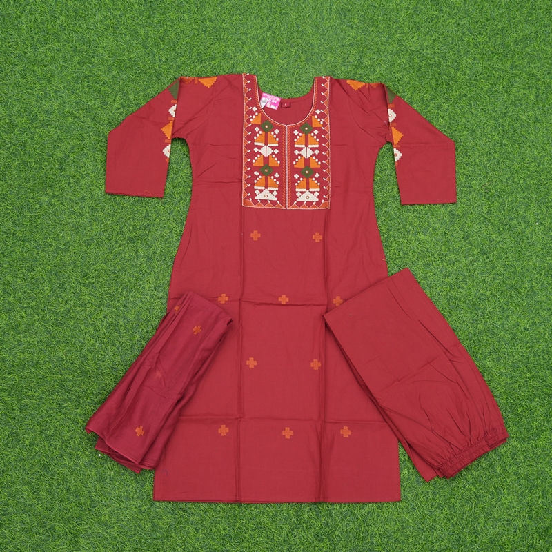 Maroon Color Geometric Applique 3-Piece Cotton Designer Dress