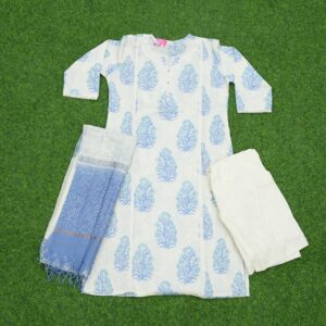 3 1470 White and Pastel Blue Color Floral Printed 3-Piece Cotton Designer Dress