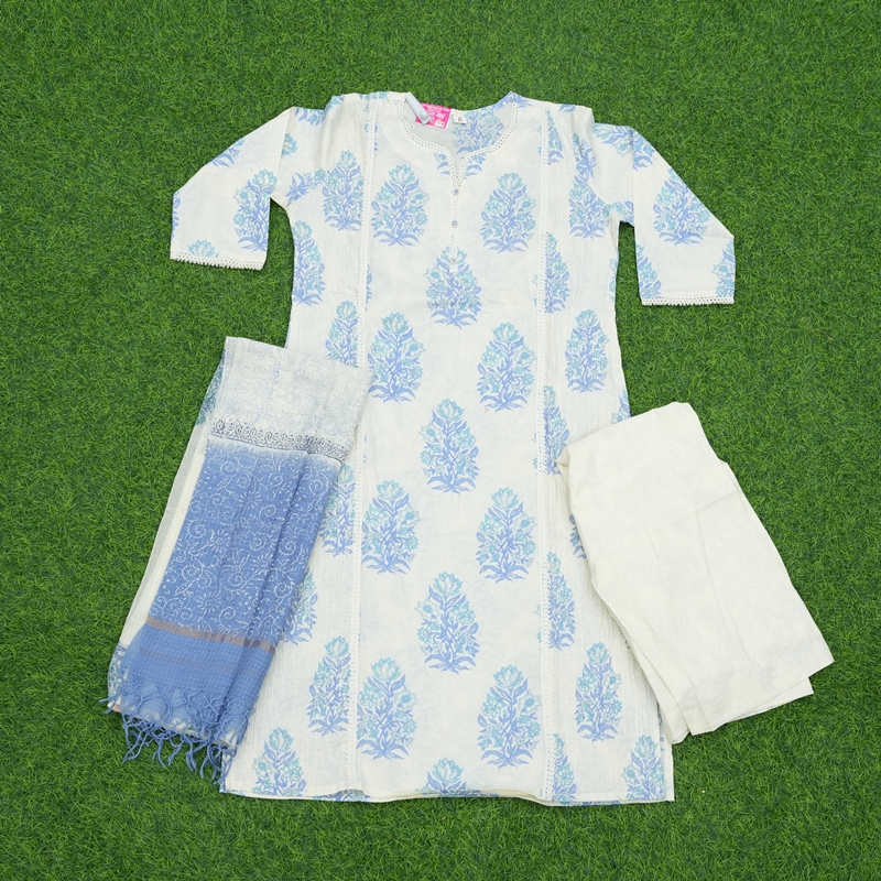 White and Pastel Blue Color Floral Printed 3-Piece Cotton Designer Dress